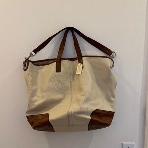 Coach Cream and Brown Pebbled Leather Tote with Shoulder Strap